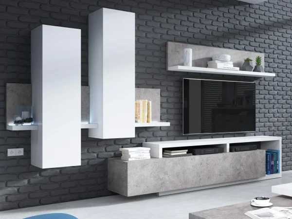 en ligne Mur Tv-hifi BOTSWANA 2 Tiroirs 2 Niches Blanc/béton 1