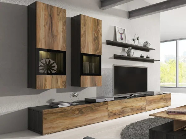 Mur Tv-hifi BABEL 5 Portes Noyer/chêne Grisé Avec Led Nouveau 1