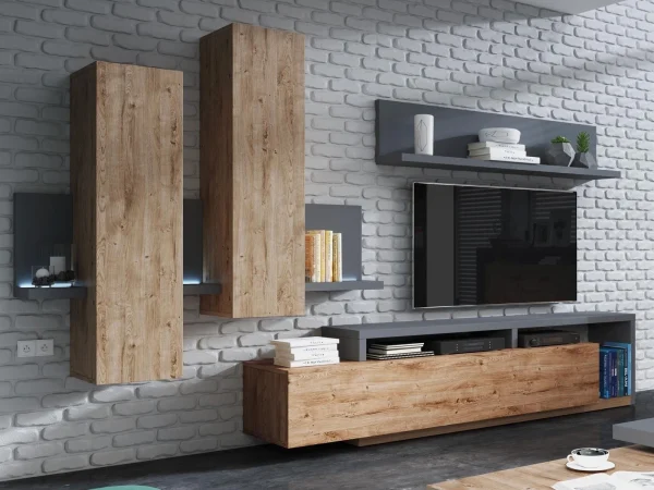 site pas cher Mur Tv-hifi BOTSWANA 2 Tiroirs 2 Niches Anthracite/chêne Ribbec 1