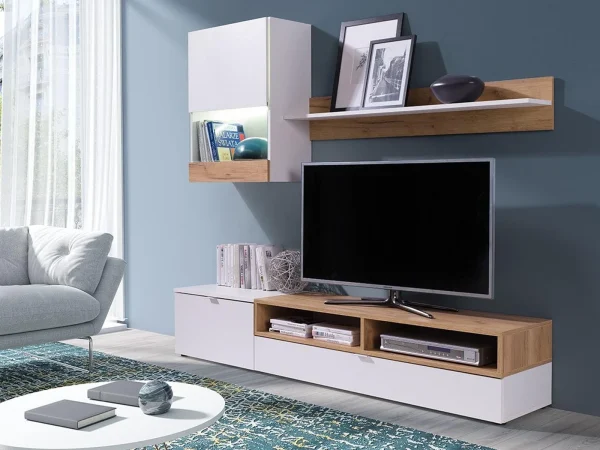 Mur Tv-hifi ROXANE 3 Portes Blanc/chêne Doré Avec Led mode tendance 1