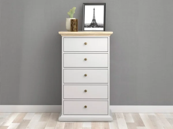 Retour gratuit en magasin. Commode PARISA 5 Tiroirs Blanc/chêne 1