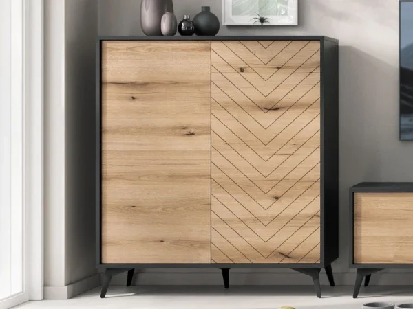 Commode Haute ADAMAS 2 Portes Noir/chêne Evoke Pas Cher Magasin Soldes 1