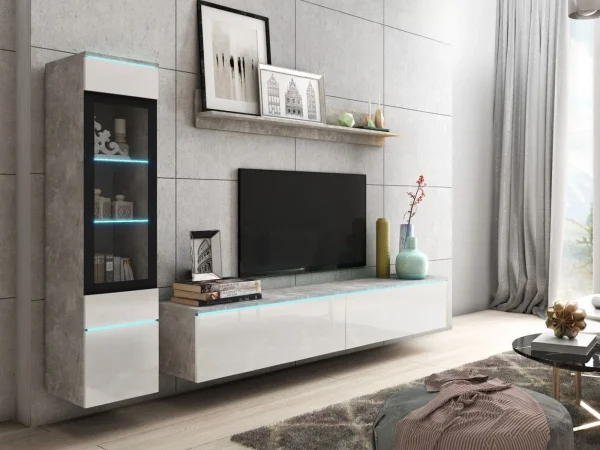 Mur Tv-hifi VITTORIO 4 Portes Béton/blanc Brillant Sans Led ﻿soldes 1