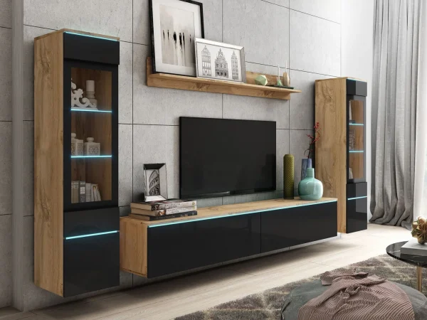 à prix très bas Mur Tv-hifi VITTORIO 6 Portes Chêne Wotan/noir Brillant Avec Led 1