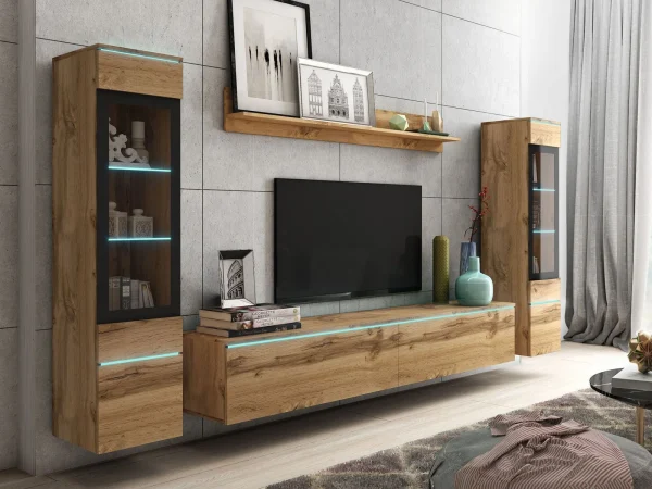 haute qualité Mur Tv-hifi VITTORIO 6 Portes Chêne Wotan Avec Led 1