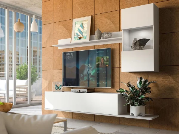 Retour Gratuit Mur Tv-hifi CETEMA 3 Portes Blanc Avec Led 1
