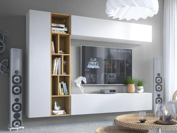 de garantie authentique Mur Tv-hifi KONATE 3 Portes Blanc/chêne Artisan 1