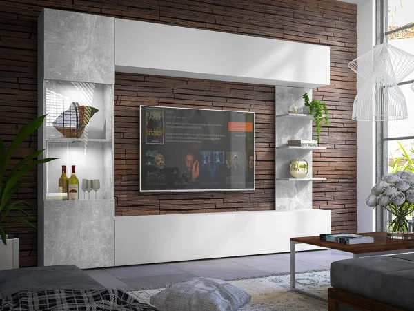 fashioniable Mur Tv-hifi LAZARE 3 Portes Béton/blanc Sans Led 1