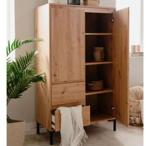 Commode Haute BONIFACIO 2 Portes 2 Tiroirs Chêne Artisan magasin pas cher 12