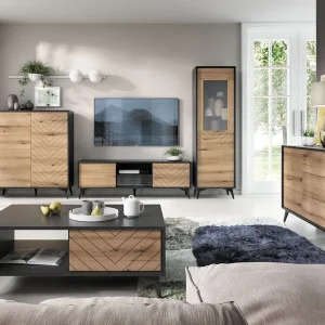 Commode Haute ADAMAS 2 Portes Noir/chêne Evoke Pas Cher Magasin Soldes 10