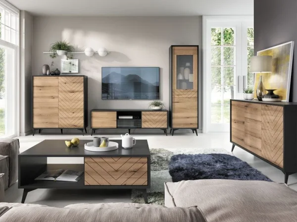 Commode Haute ADAMAS 2 Portes Noir/chêne Evoke Pas Cher Magasin Soldes 3