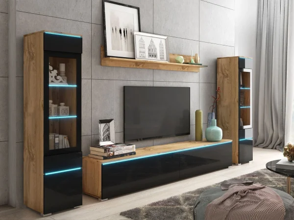 à prix très bas Mur Tv-hifi VITTORIO 6 Portes Chêne Wotan/noir Brillant Avec Led 3