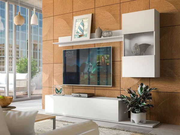 Retour Gratuit Mur Tv-hifi CETEMA 3 Portes Blanc Avec Led 3