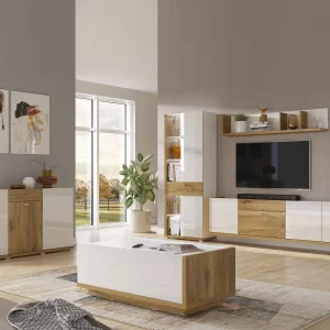 Étagère Murale LARSY 149 Cm Blanc Brillant/chêne Flagstaff magasins pour 10
