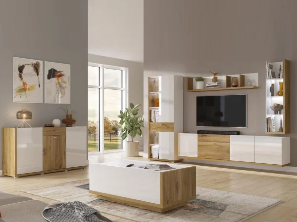Étagère Murale LARSY 149 Cm Blanc Brillant/chêne Flagstaff magasins pour 3