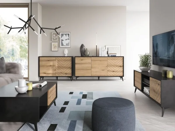 Commode Haute ADAMAS 2 Portes Noir/chêne Evoke Pas Cher Magasin Soldes 4