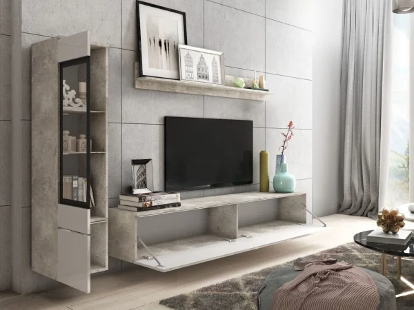 Mur Tv-hifi VITTORIO 4 Portes Béton/blanc Brillant Sans Led ﻿soldes 3