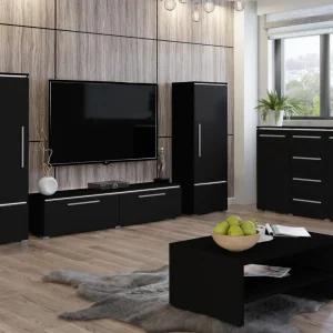 boutique paris Mur-tv AMBROSA 4 Portes Noir Mat Avec Led 15