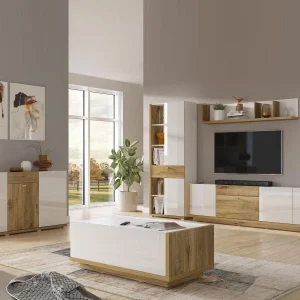 Étagère Murale LARSY 149 Cm Blanc Brillant/chêne Flagstaff magasins pour 12