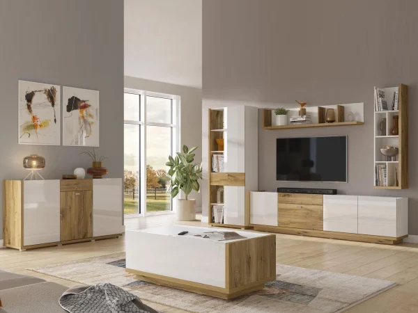 Étagère Murale LARSY 149 Cm Blanc Brillant/chêne Flagstaff magasins pour 4