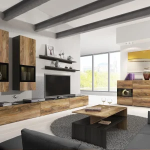 Mur Tv-hifi BABEL 5 Portes Noyer/chêne Grisé Avec Led Nouveau 14