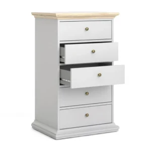 Retour gratuit en magasin. Commode PARISA 5 Tiroirs Blanc/chêne 14