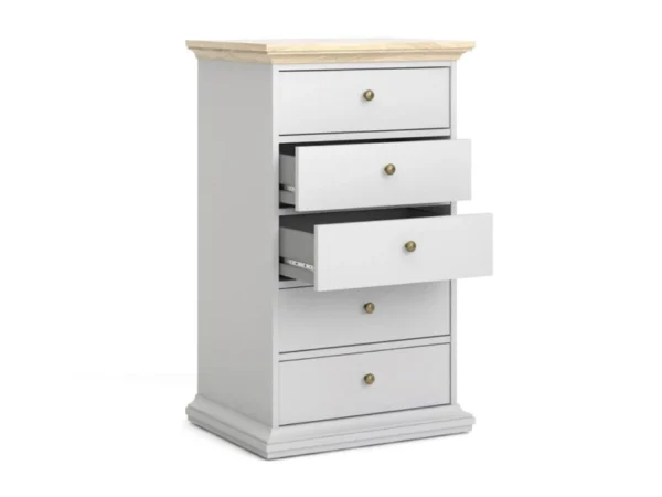 Retour gratuit en magasin. Commode PARISA 5 Tiroirs Blanc/chêne 5