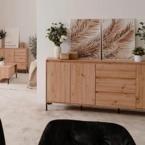 Commode Haute BONIFACIO 2 Portes 2 Tiroirs Chêne Artisan magasin pas cher 20