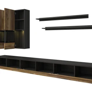 Mur Tv-hifi BABEL 5 Portes Noyer/chêne Grisé Avec Led Nouveau 16