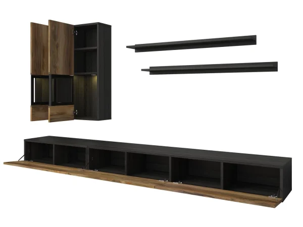 Mur Tv-hifi BABEL 5 Portes Noyer/chêne Grisé Avec Led Nouveau 6
