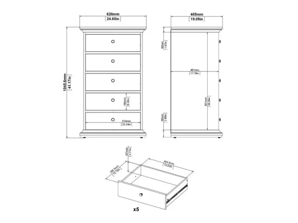 Retour gratuit en magasin. Commode PARISA 5 Tiroirs Blanc/chêne 6