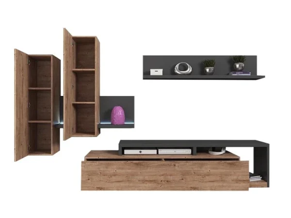 site pas cher Mur Tv-hifi BOTSWANA 2 Tiroirs 2 Niches Anthracite/chêne Ribbec 7