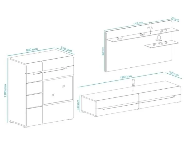 vente pas cher Mur Tv-hifi 03 HERCULE Blanc/blanc Laqué Sans Led 6