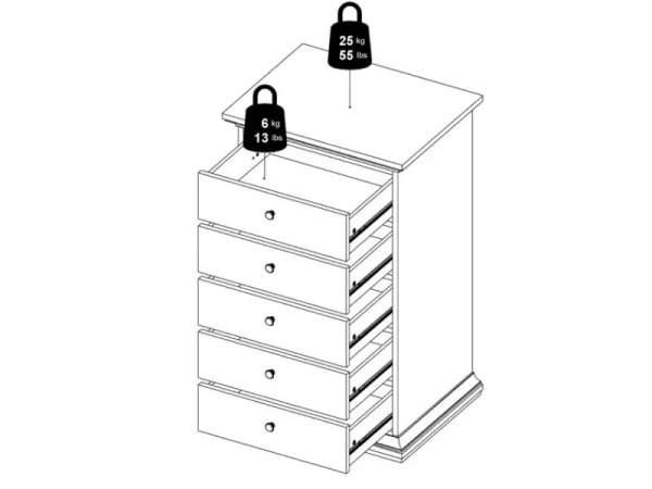 Retour gratuit en magasin. Commode PARISA 5 Tiroirs Blanc/chêne 7